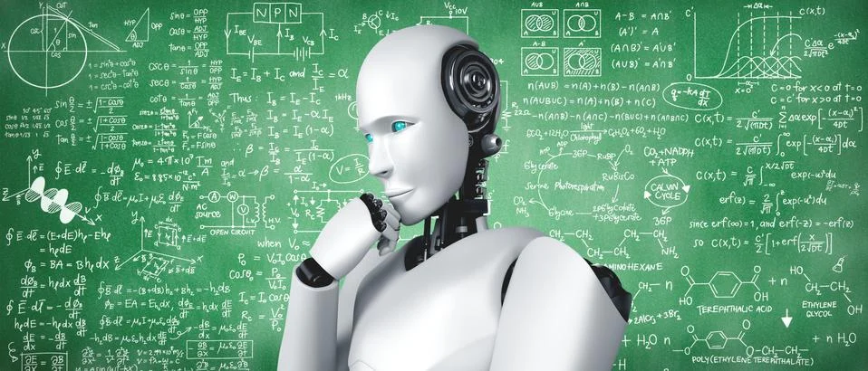 Thinking AI humanoid robot analyzing screen of mathematics formula and science Stock Illustration