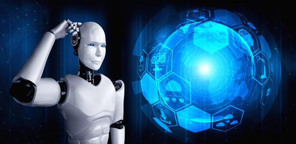 Thinking AI humanoid robot analyzing hologram screen shows concept of network 스톡 일러스트