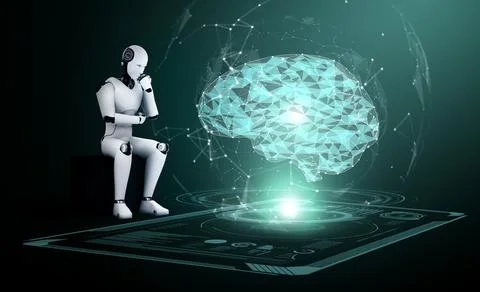 Thinking AI humanoid robot analyzing hologram screen showing concept of AI Stock Illustration