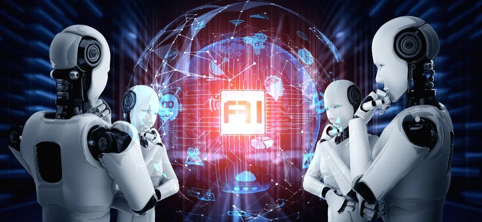 Thinking AI humanoid robot analyzing hologram screen showing concept of AI Stock Illustration