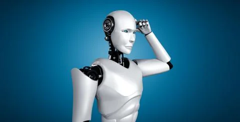 Thinking AI humanoid robot analyzing information data Stock Illustration