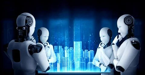 Thinking AI humanoid robot analyzing hologram screen shows concept of network 스톡 일러스트