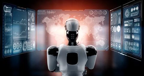 Thinking AI humanoid robot analyzing hologram screen showing concept big data Stock Illustration