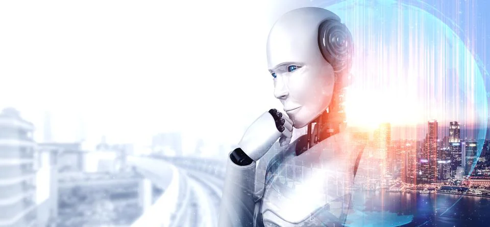 Thinking AI humanoid robot analyzing information data イラスト素材