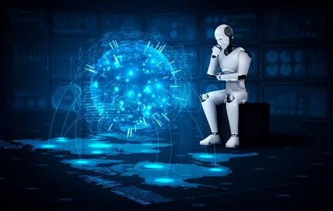 Thinking AI humanoid robot analyzing hologram screen shows concept of network 스톡 일러스트