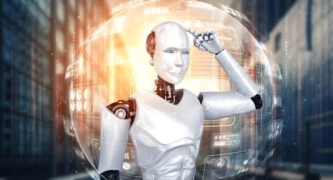 Thinking AI humanoid robot analyzing hologram screen showing concept big data Stock Illustration