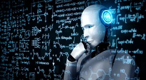 Thinking AI humanoid robot analyzing screen of mathematics formula and science Stock Illustration