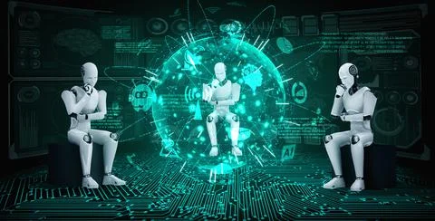 Thinking AI humanoid robot analyzing hologram screen shows concept of network Stock Illustration
