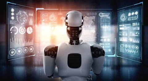 Thinking AI humanoid robot analyzing hologram screen showing concept big data 스톡 일러스트