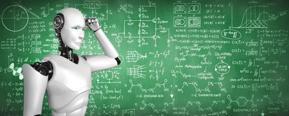 Thinking AI humanoid robot analyzing screen of mathematics formula and science 스톡 일러스트