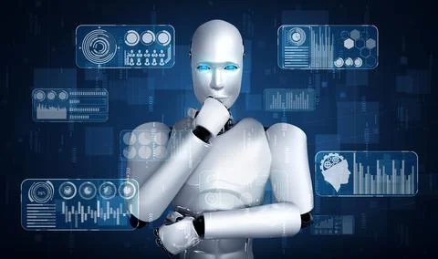 Thinking AI humanoid robot analyzing hologram screen showing concept big data Stock Illustration