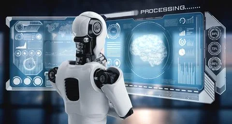Thinking AI humanoid robot analyzing hologram screen showing concept big data Illustrazione stock