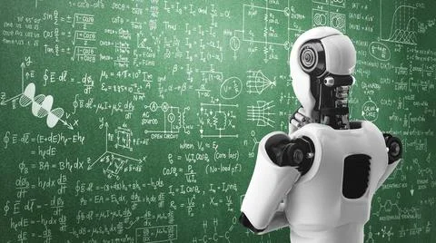 Thinking AI humanoid robot analyzing screen of mathematics formula and science イラスト素材
