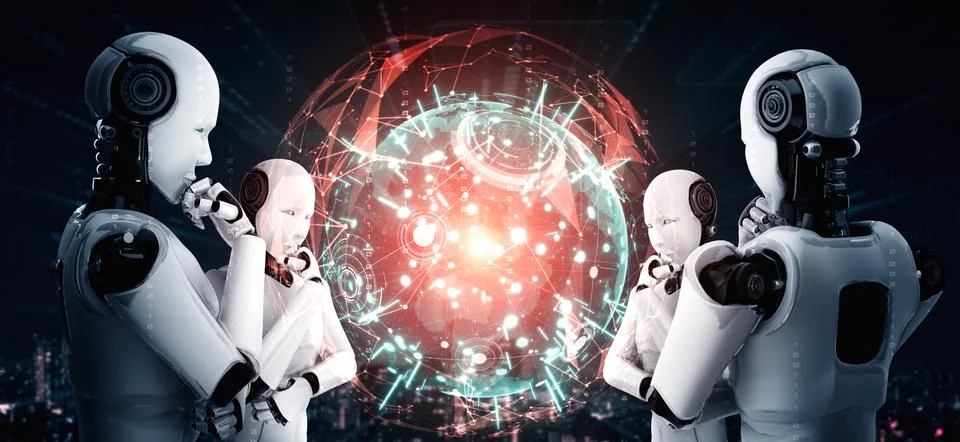 Thinking AI humanoid robot analyzing hologram screen shows concept of network Stock Illustration