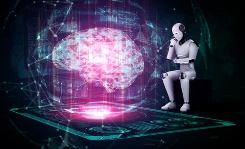 Thinking AI humanoid robot analyzing hologram screen showing concept of AI Stock Illustration