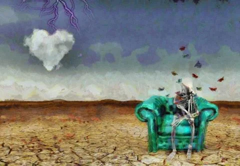 Thinking Alien Surreal scene. Alien skeleton sits on armchair Copyright: x... Stock Photos