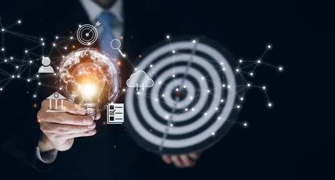 Thinking and creative concept, Close up the light bulb and man working on the Stock Photos