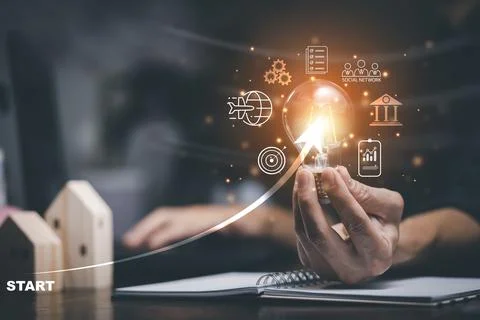 Thinking and creative concept, Close up light bulb and working on the desk, C Stock Photos