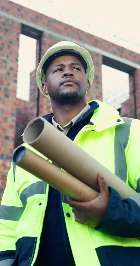 Thinking, architect and man with blueprint at construction site, infrastructure Stock Footage 336797856