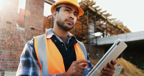 Thinking, architect and man with tablet at construction site, inspection and Stock Photos