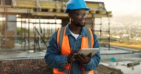 Thinking, architect and man with tablet at construction site, building Stock Photos