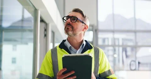 Thinking, architecture and man with tablet, inspection and app for checklis.. Stock Photos