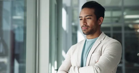Thinking, arms crossed and window with business man in office for problem Stock Footage 294454665