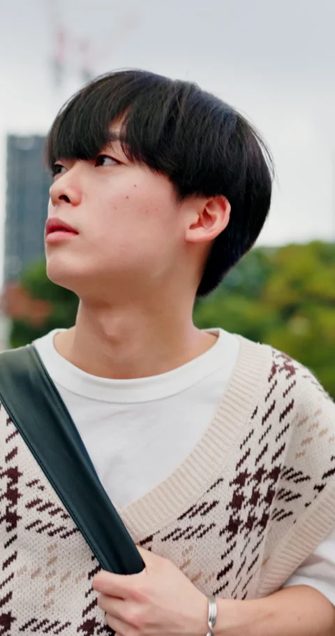 Thinking, Asian man and student in city for travel, vision and daydreaming for Stock Footage 341096556