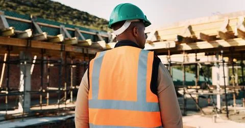 Thinking, back and black man on construction site for planning, inspection and Stock Photos