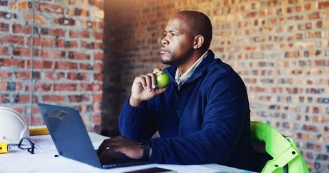 Thinking, black man and architect in office with laptop for project, city p.. Stock Photos