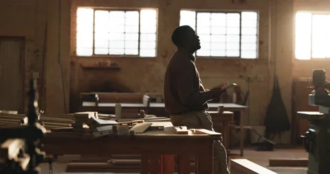 Thinking, black man and carpenter with tablet in workshop for planning Stock Footage 341380446