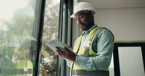 Thinking, black man and construction worker with tablet on site for feedback on Vídeos de archivo 337863124