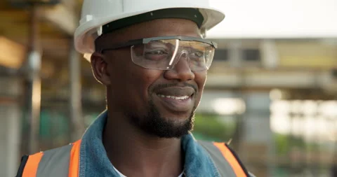 Thinking, black man and construction worker on site with ideas for inspection on Stock Footage 342752575