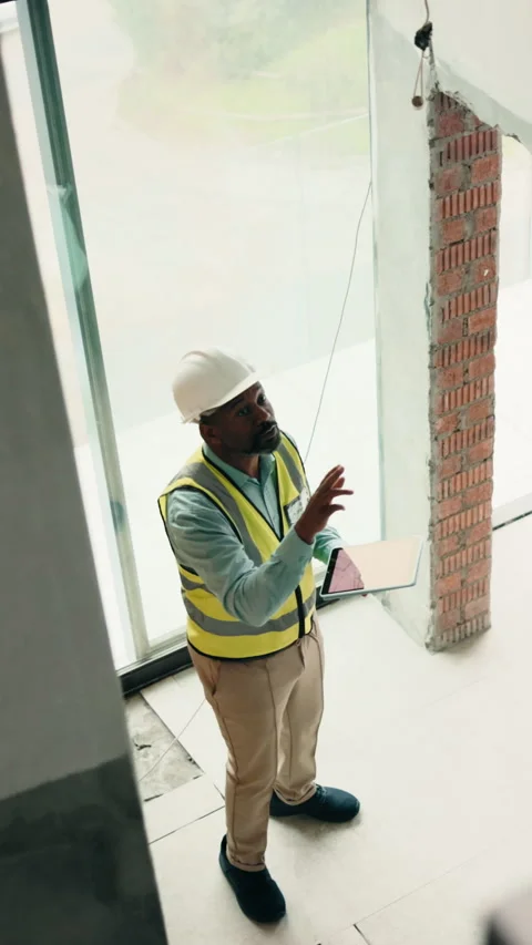 Thinking, black man and engineer at site with tablet screen, blueprint and Stock Footage 338036074