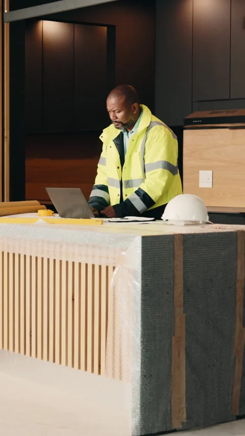 Thinking, black man and engineer with laptop for construction, research and Stock Footage 338037445