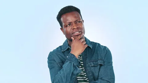 Thinking, black man and ideas with doubt, solution and problem solving on a blue Stock Footage 251774674