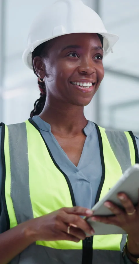 Thinking, black woman and engineer in office with tablet, research and agenda Stock Footage 341379007