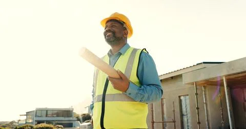Thinking, blueprint and architect with vision on rooftop for safety compliance Stock Photos