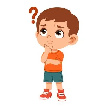 Thinking Boy with Hand on Chin Flat Cartoon Character Stock Illustration