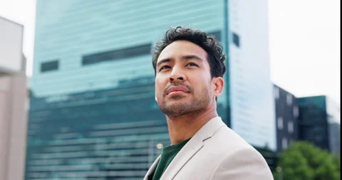 Thinking, business man and vision in city for building viewing, investment Stock Footage 323432342