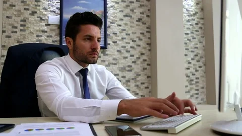 Thinking Business Man Office Work in Computer Stock Footage 72184949