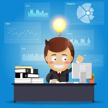 Thinking business man working on computer with data processing Stock Illustration