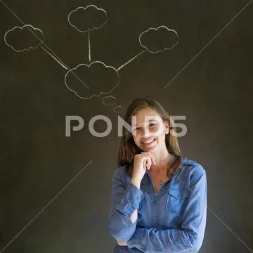 Thinking business woman with chalk cloud thoughts Stock Photos