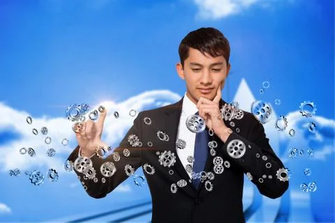 Thinking businessman touching cogs and wheels Stock Illustration
