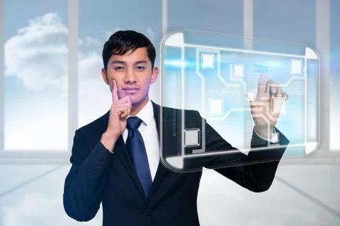 Thinking businessman touching interface Illustrazione stock