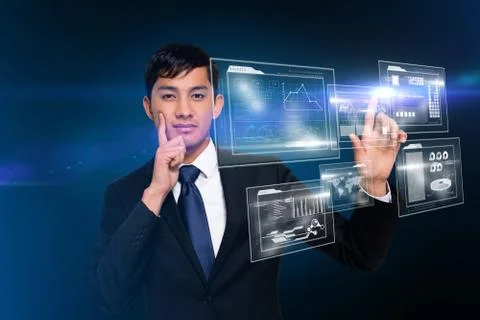 Thinking businessman touching interface Illustrazione stock