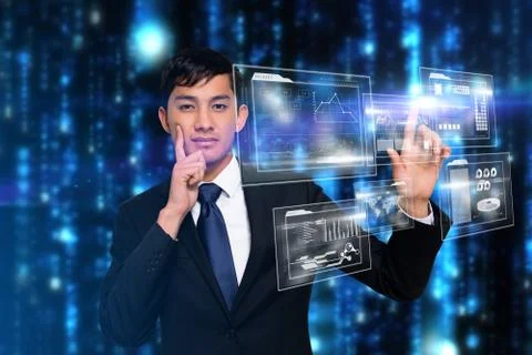 Thinking businessman touching interface Illustrazione stock