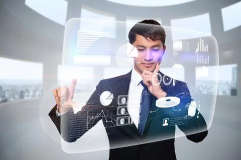Thinking businessman touching interface Illustrazione stock