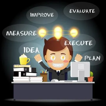 Thinking businessman working on computer with idea bulb Stock Illustration