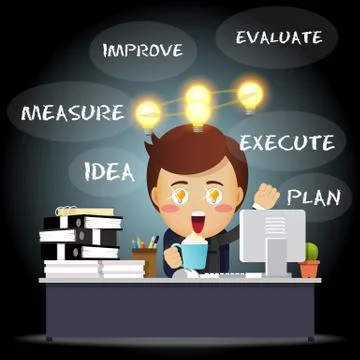 Thinking businessman working on computer with idea bulb Stock Illustration